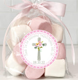 personalized pink baptism sticker with cross and florals