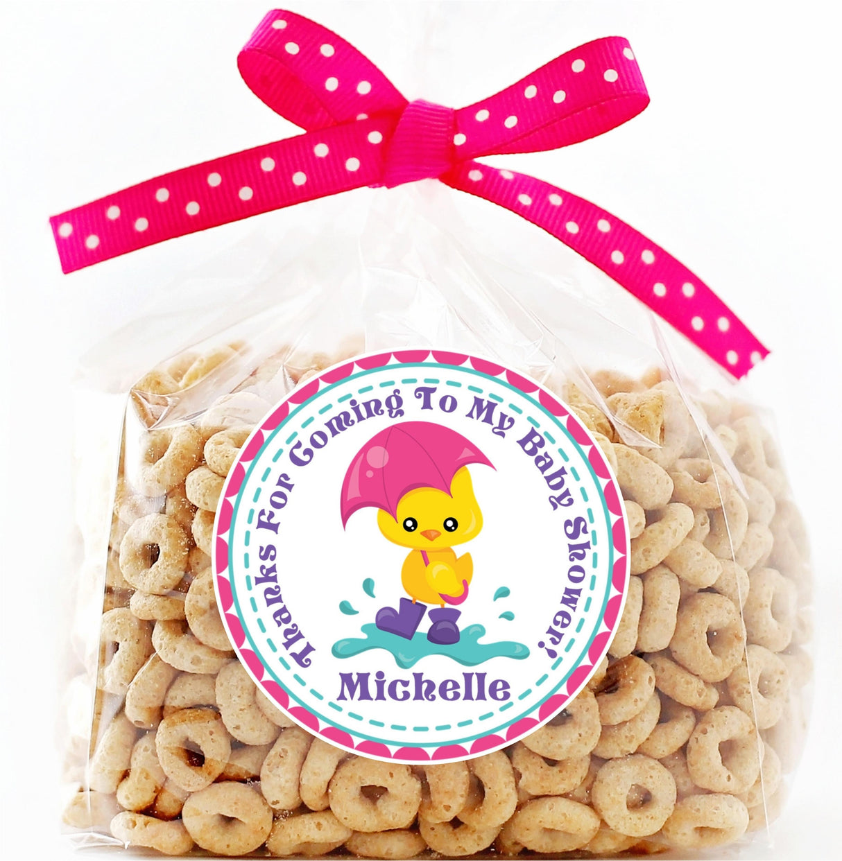 personalized pink duck thank-you sticker for baby shower favors