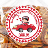personalized racecar valentine sticker with red racing car and hearts