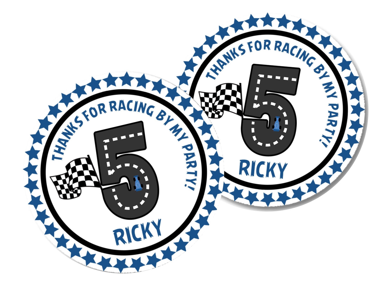 personalized racing party label with blue stars