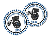 personalized racing party label with blue stars