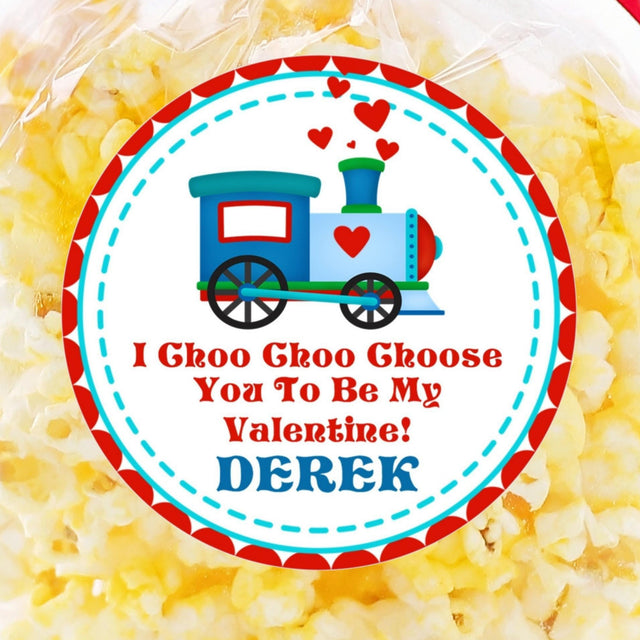 personalized train valentine sticker with colorful locomotive