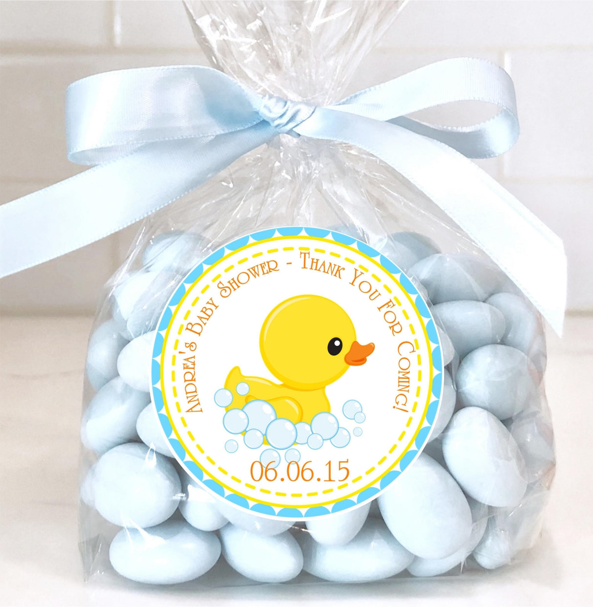 personalized yellow and blue baby shower thank-you sticker