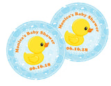 personalized yellow duck baby shower label with bubbles