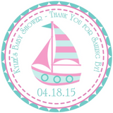 pink and aqua sailboat baby shower sticker with thank you for sailing by wording