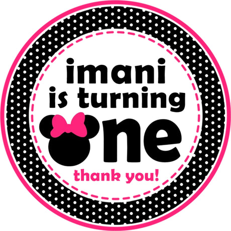 pink and black birthday favor sticker with bold one text