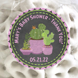 pink and green cactus succulent baby shower sticker with patterned pots and pastel accents