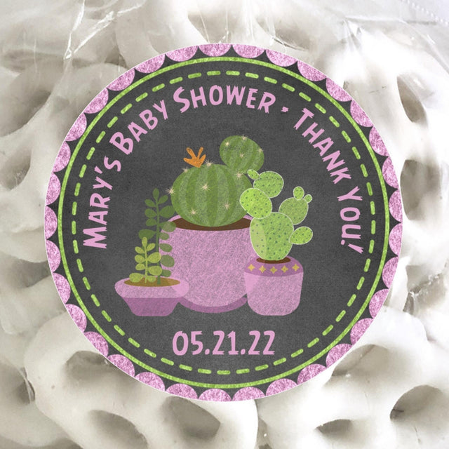 pink and green cactus succulent baby shower sticker with patterned pots and pastel accents