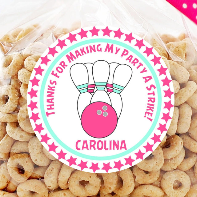 pink aqua bowling birthday sticker with pins and ball