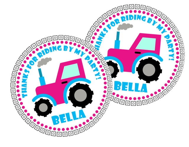 pink aqua tractor birthday sticker