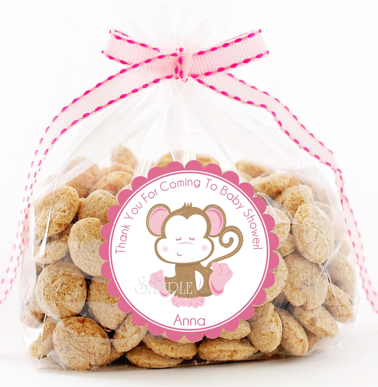 pink baby monkey thank-you sticker for baby shower favors