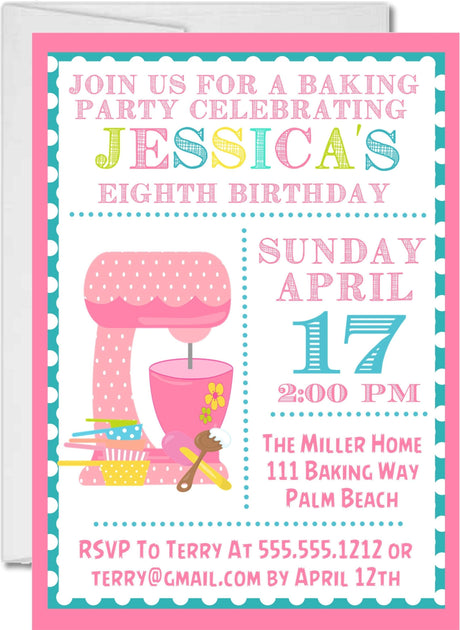 pink baking party invitations bake shop theme