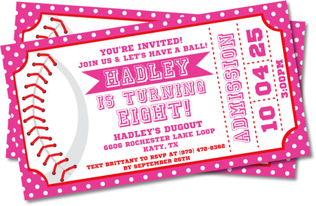 pink baseball ticket invitations girls party theme