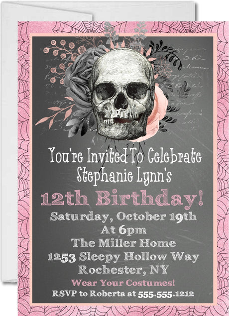 pink black gothic skull birthday invitations spooky alternative theme