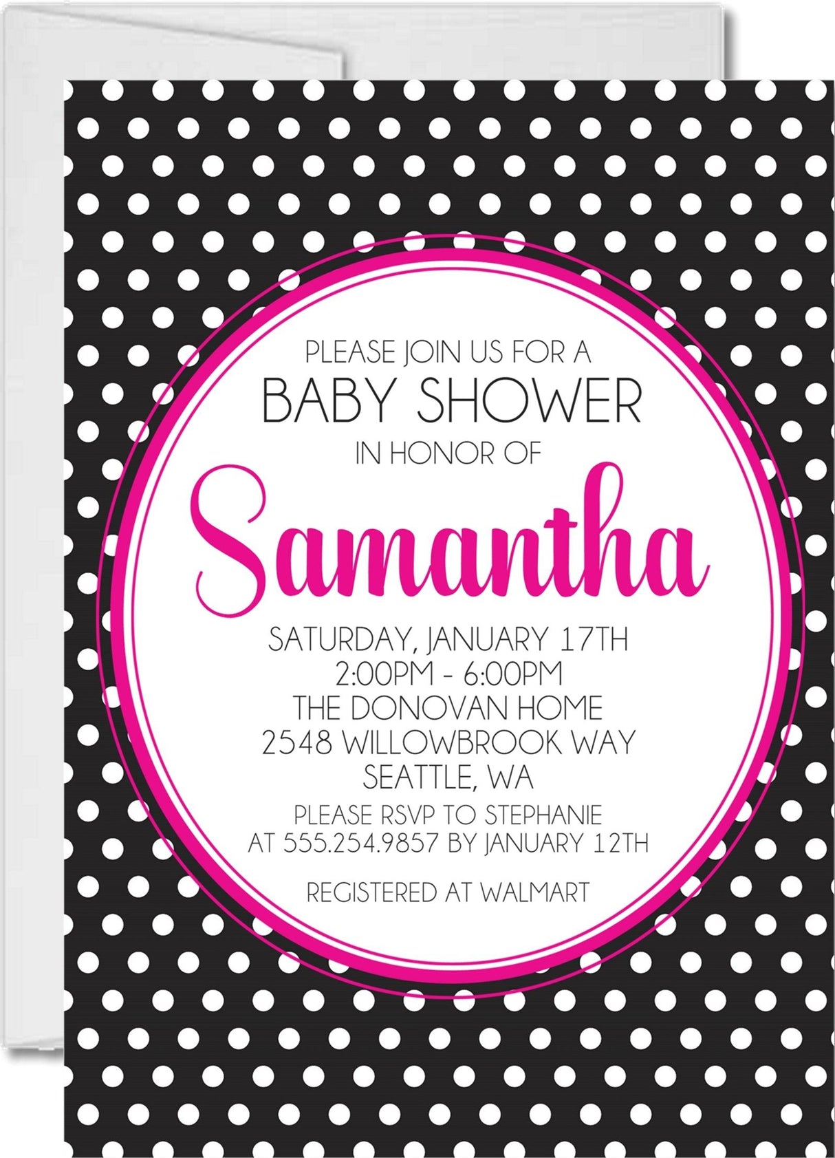 pink black white  polka dot baby shower invitations