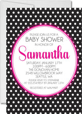 pink black white  polka dot baby shower invitations