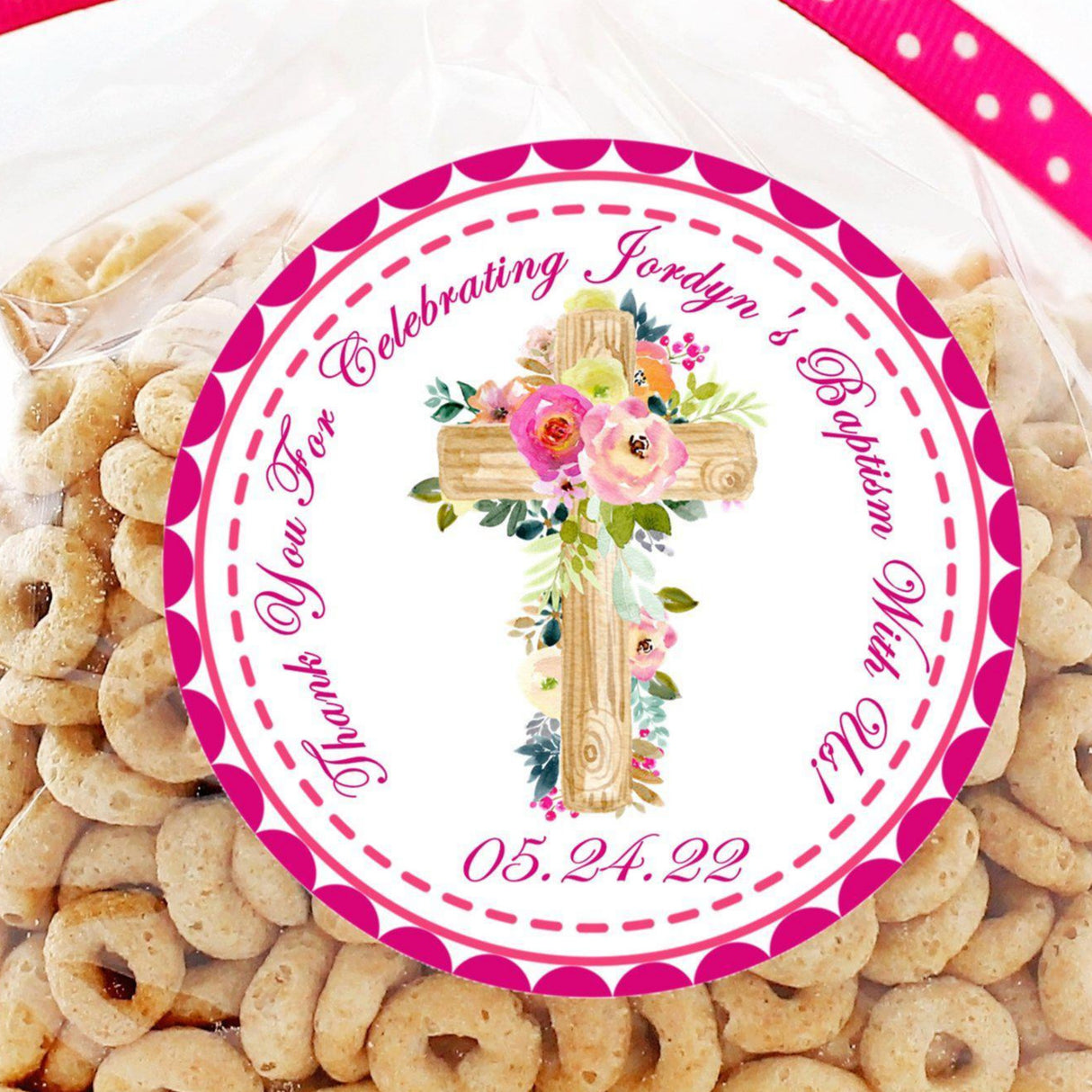 pink blossom baptism sticker with floral wood cross