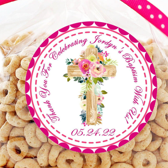 pink blossom baptism sticker with floral wood cross
