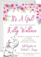 pink blue elephant invitation cards storybook floral style