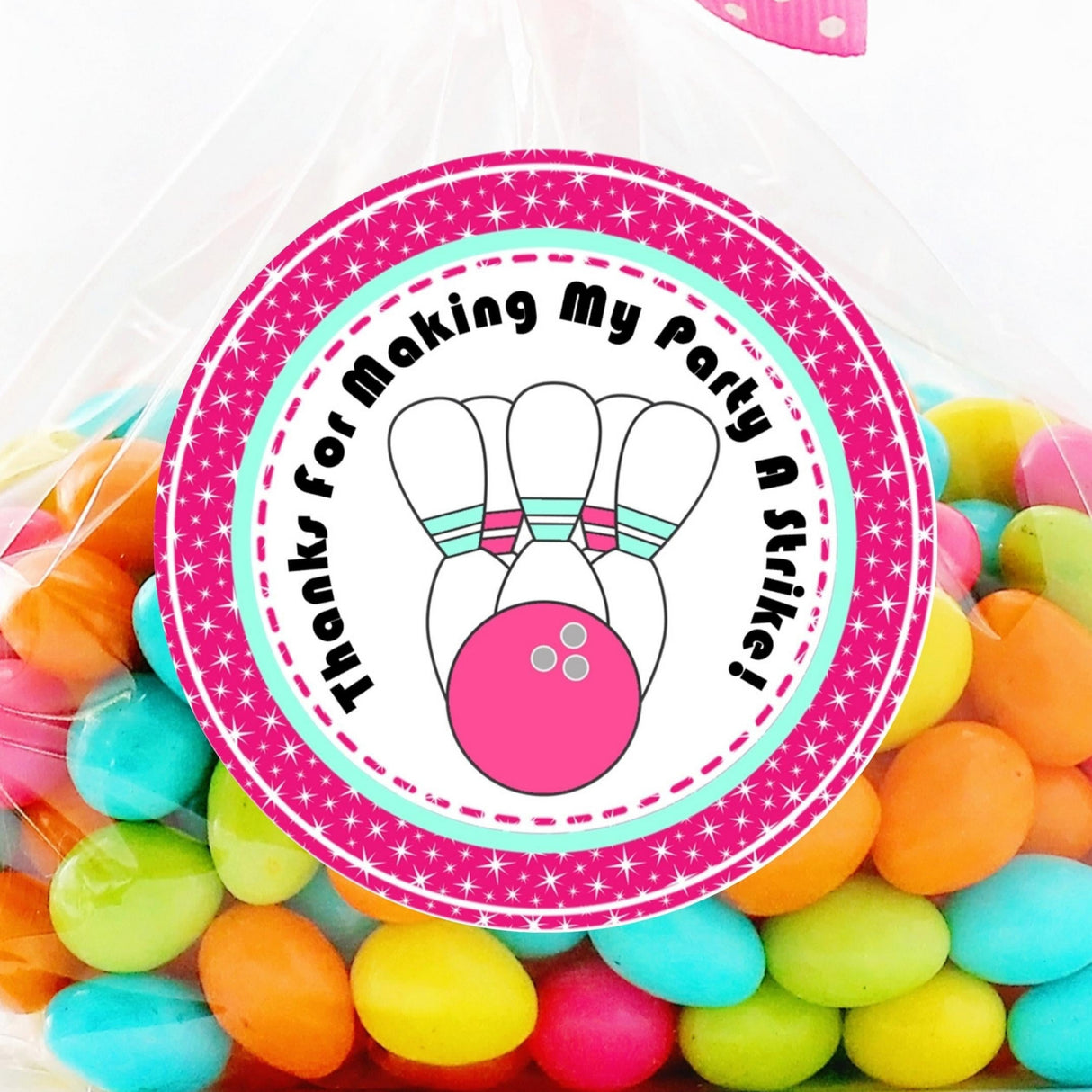 pink bowling party favor stickers