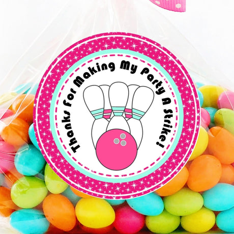 pink bowling party favor stickers
