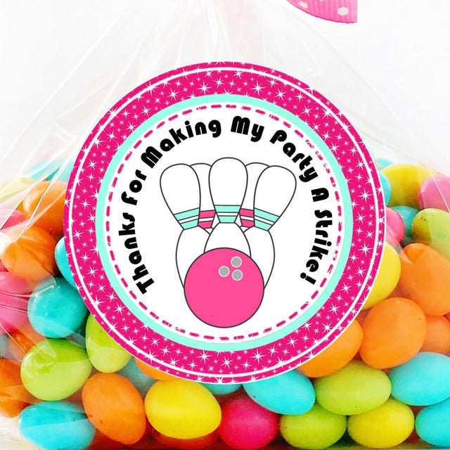 pink bowling party favor stickers