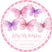 pink butterfly birthday favor sticker with elegant circular border