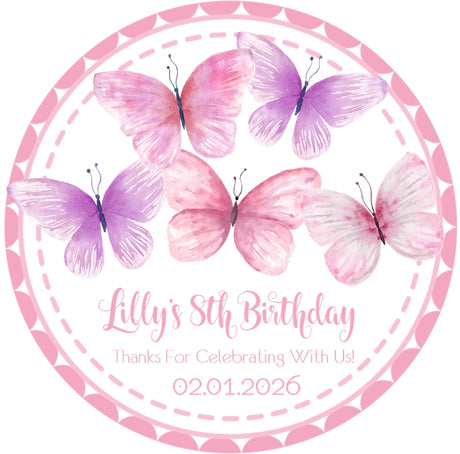 pink butterfly birthday favor sticker with elegant circular border