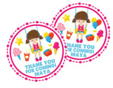 pink carnival party favor labels with girl illustration