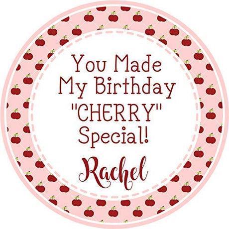 pink cherry party sticker with classic typography and fruit theme