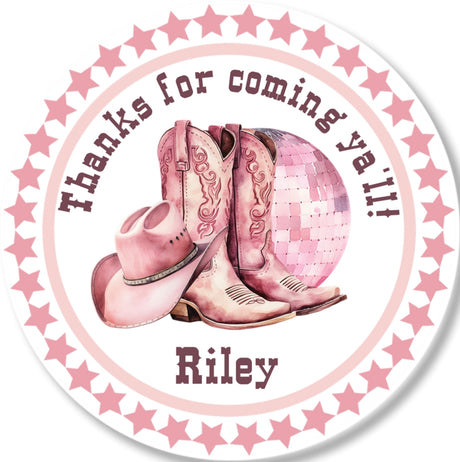 pink cowgirl theme favor sticker with boots illustration and personalized text