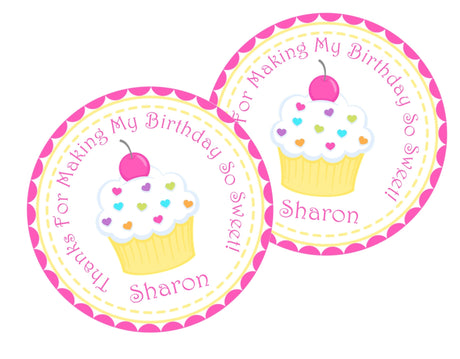 pink cupcake birthday sticker with hearts