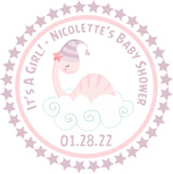 pink dinosaur baby shower sticker with soft pastel theme