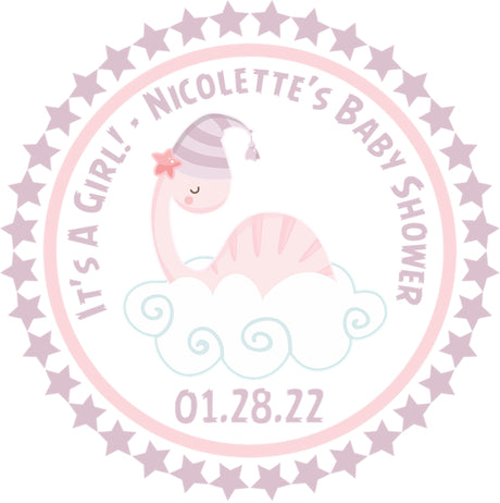 pink dinosaur baby shower sticker with soft pastel theme