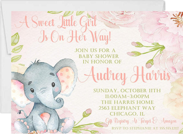 pink elephant baby shower invitations watercolor floral design