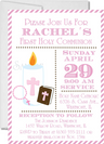 pink first communion invitations featuring communion host and candle design