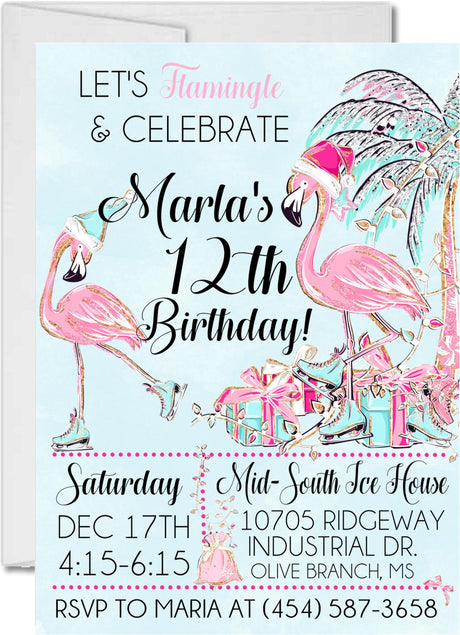pink flamingo winter birthday invitations warm weather holiday theme