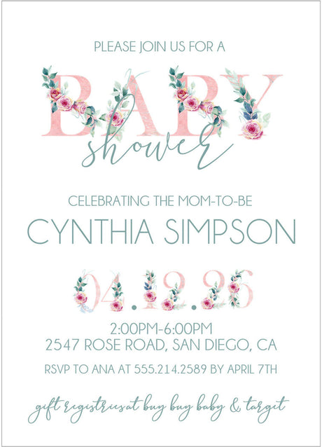 pink floral lettering baby shower invitations watercolor theme