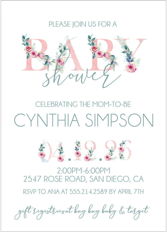 pink floral lettering baby shower invitations watercolor theme