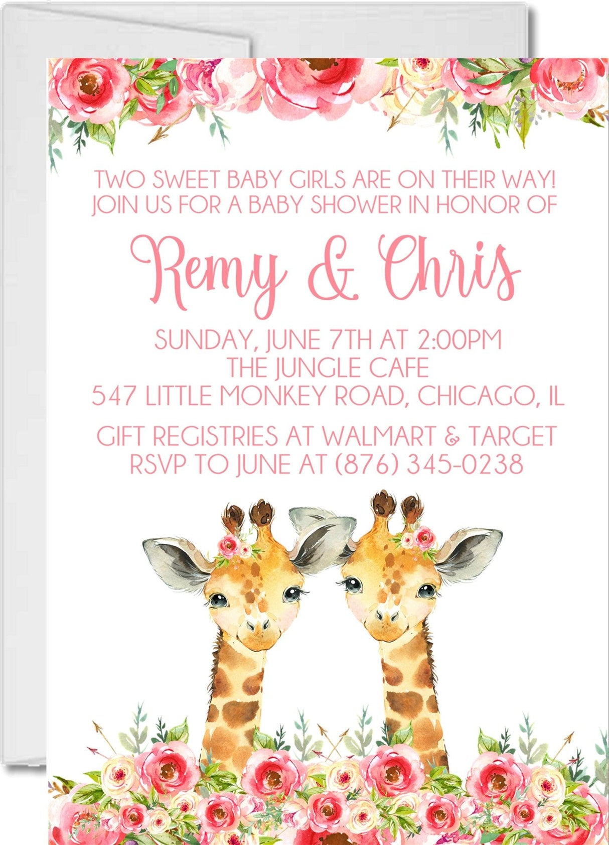 pink floral twin giraffe baby shower invitations