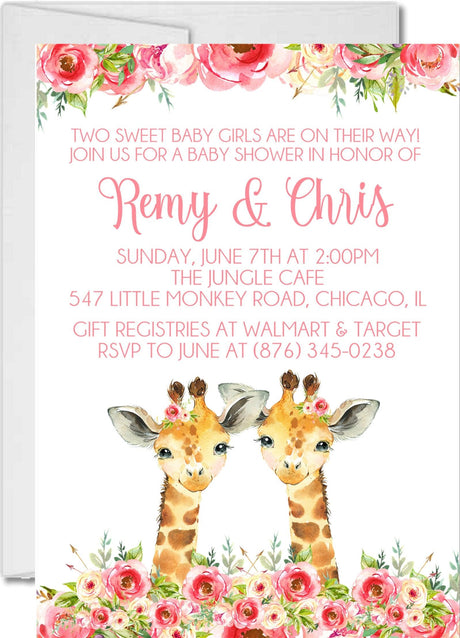 pink floral twin giraffe baby shower invitations