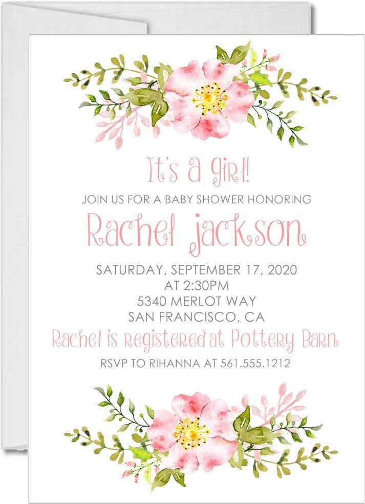 pink flower baby shower invitations watercolor greenery theme