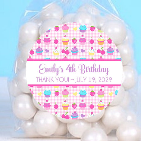 pink gingham cupcake birthday sticker