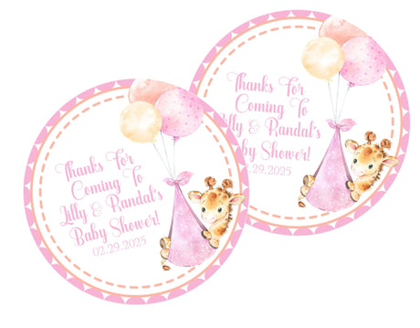 pink giraffe baby shower sticker design