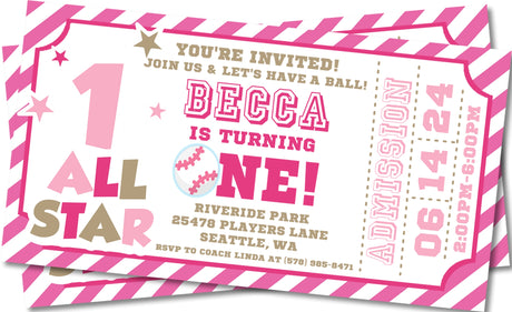 pink girls baseball invitation cards first birthday celebration style
