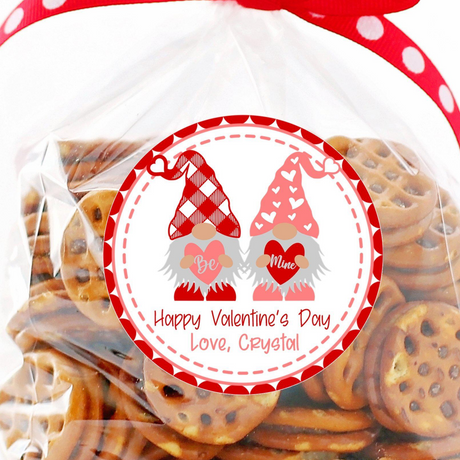 pink gnome valentine stickers with hearts personalized