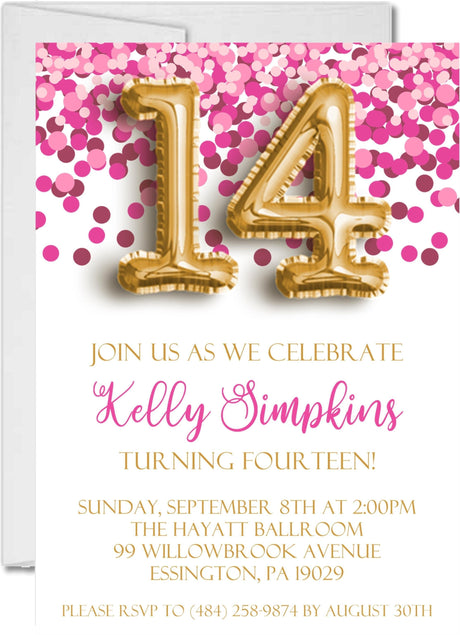 pink gold balloon invitation cards modern confetti birthday party style