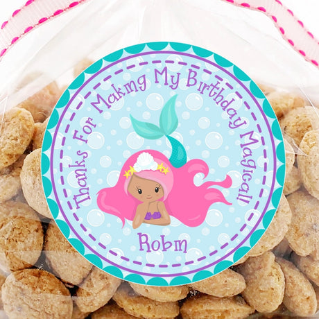 pink hair mermaid birthday favor label