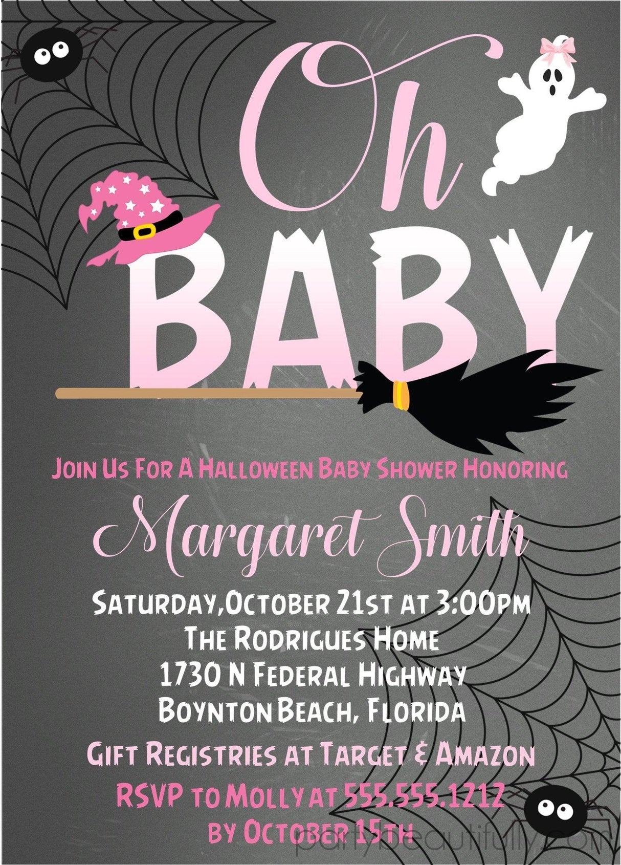 pink halloween baby shower invitations spooky ghost spiderweb design