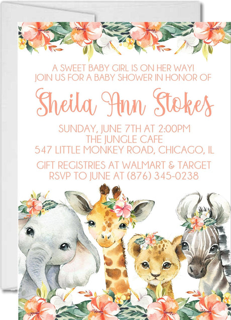 pink jungle animal baby shower invitations floral safari style